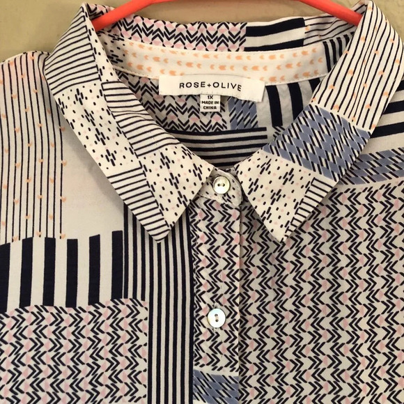 Rose & Olive Buttoned Up Top Womens 1X Patchwork Multi-Colored 3/4 Sleeve Flowy - Picture 2 of 9